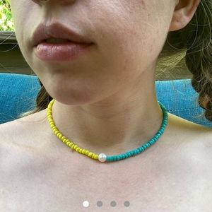 handmade yellow + turquoise beaded necklace pearl